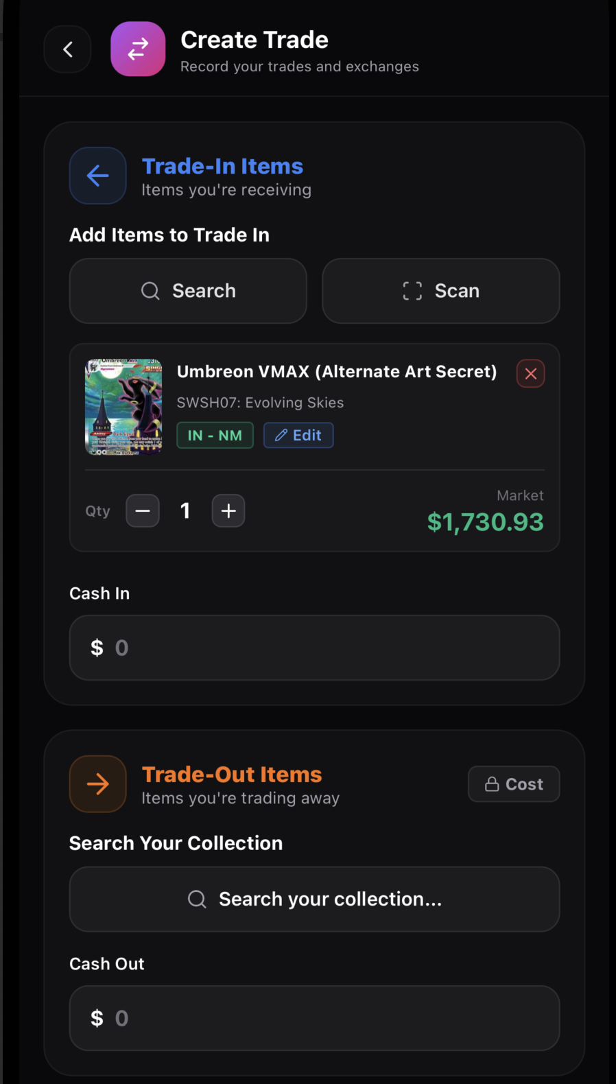 Building a trade card by card with market values
